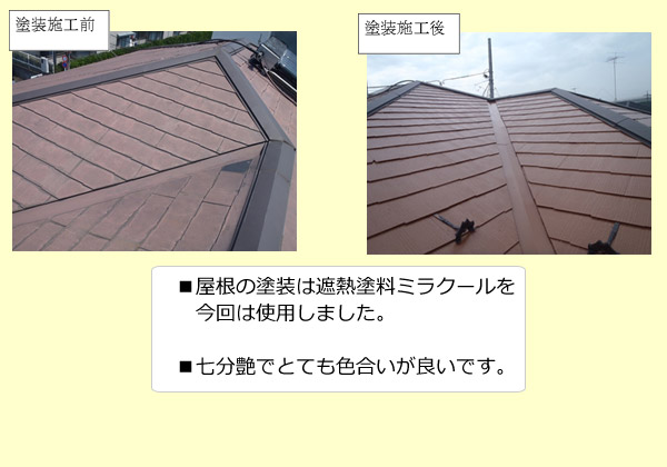 屋根の塗装は遮熱塗料ミラクールを今回は使用しました。七分艶でとても色合いがいいです。