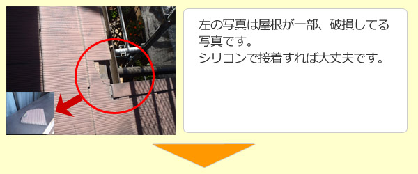 左の写真は屋根が一部、破損してる写真です。シリコンで接着すれば大丈夫です。