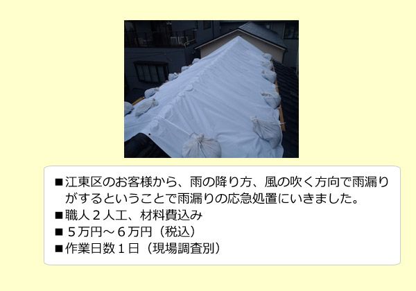 雨の降り方、風の吹く方向で雨漏りがするということで雨漏りの応急処置にいきました。■職人２人工、材料費込み■作業日数１日（現場調査別）