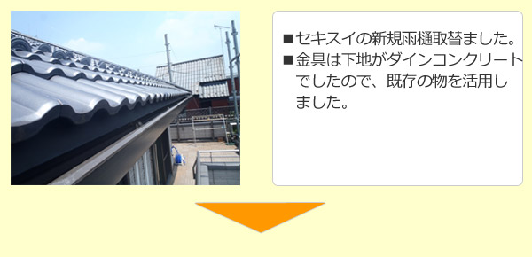 新規雨樋取替ました。金具は下地がダインコンクリートでしたので既存の物を活用しました。