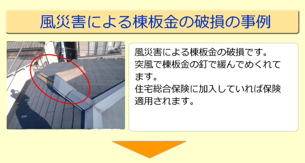 風災害による棟板金の破損です。突風で棟板金の釘で緩んでめくれてます。住宅総合保険に加入していれば保険適用されます。