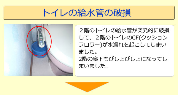 ２階のトイレの給水管が突発的に破損して、２階のトイレのCF(クッションフロワー)が水濡れを起こしてしまいました。2階の廊下もびしょびしょになってしまいました。