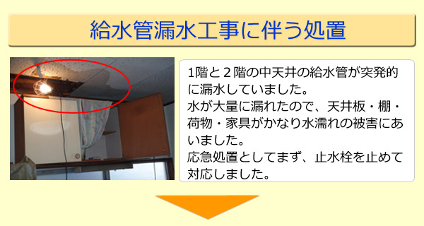 1階と２階の中天井の給水管が突発的に漏水していました。水が大量に漏れたので、天井板・棚・荷物・家具がかなり水濡れの被害にあいました。応急処置としてまず、止水栓を止めて対応しました。