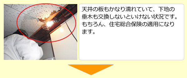 天井の板もかなり濡れていて、下地の垂木も交換しないといけない状況です。もちろん、住宅総合保険の適用になります。