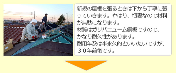 新規の屋根を張るときは下から丁寧に張っていきます。やはり、切妻なので材料が無駄になります。材質はガリバニューム鋼板ですので、かなり耐久性があります。耐用年数は半永久的といいたいですが、３０年前後です。